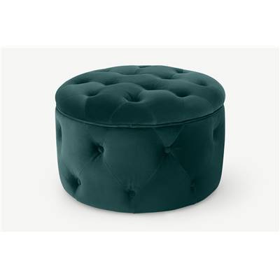Hampton pouf coffre rond velours bleu écume