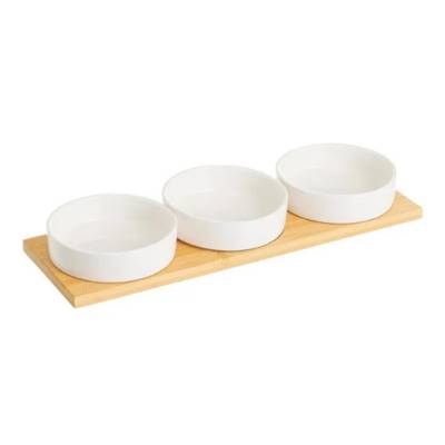 Apéro set de 3 coupelles rondes en porcelaine blanche et bambou