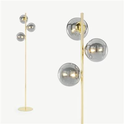 Globe lampadaire triple laiton et verre fumé