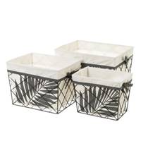 Bohai lot de 3 paniers en métal noir et tissu blanc feuillage