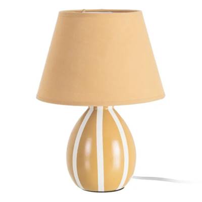 Samine lampe à poser en céramique moutarde rayé blanc abat-jour tissu H30cm
