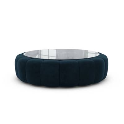 Virata table basse ronde en velours bleu pétrole et verre