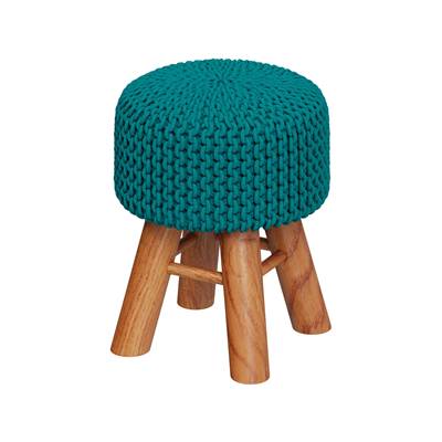 Kink petit tabouret tricot bleu et pieds en bois