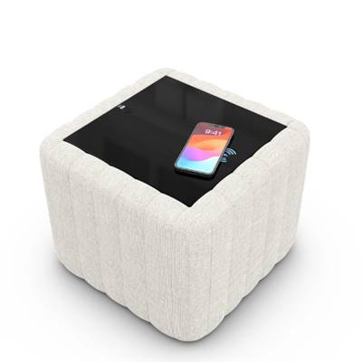 Kaoneo table basse carrée tissu blanc avec prise USB et chargeur sans fil