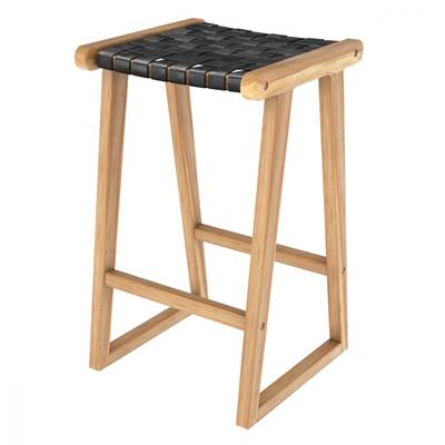 Gouda tabouret ilot central en teck et cuir tressé noir H65