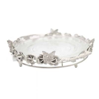 Antikk plateau roses et papillons en métal blanc