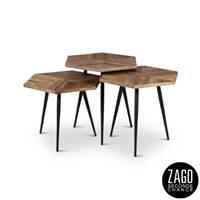 Woody lot de 3 tables basses hexagonales en teck recyclé et métal