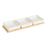 Apéro set de 3 coupelles carrées en porcelaine blanche et bambou