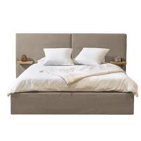 Bineland lit-coffre 160x200 en tissu texturé beige avec tablettes chevets bois