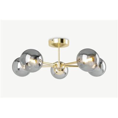 Globe grand plafonnier 5 ampoules laiton et verre fumé