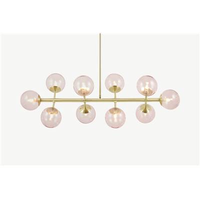 Globe grand lustre 10 ampoules laiton brossé et verre rose