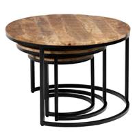 Phoenix lot de 3 tables basses gigognes rondes bois de manguier naturel et métal
