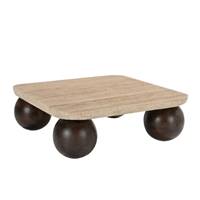 Davao table basse carrée travertin et pieds bois de manguier