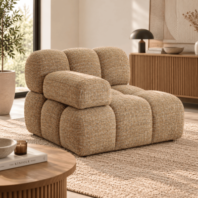 Bianca module fauteuil accoudoir interchangeable en tissu tweed marron caramel