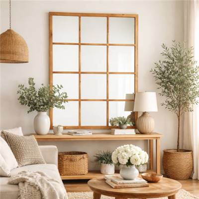 Antic miroir mural type fenêtre industrielle 12 carreaux bois naturel H120cm