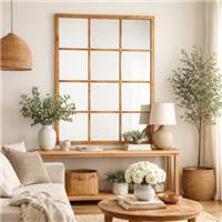 Antic miroir mural type fenêtre industrielle 12 carreaux bois naturel H120cm