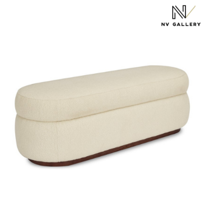 Tessia banc arrondi en tissu bouclé blanc et bois d'eucalyptus