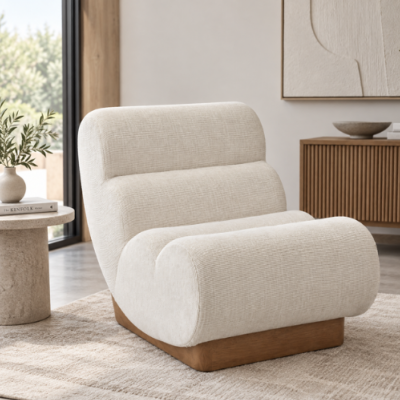 Lucius fauteuil en tissu tweed crème pied bois blond